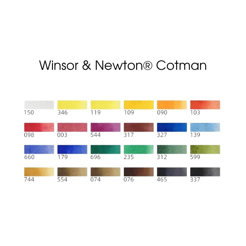 Winsor & Newton Cotman 24-color watercolor swatch chart included with the ArtMate Nomad Watercolor Kit