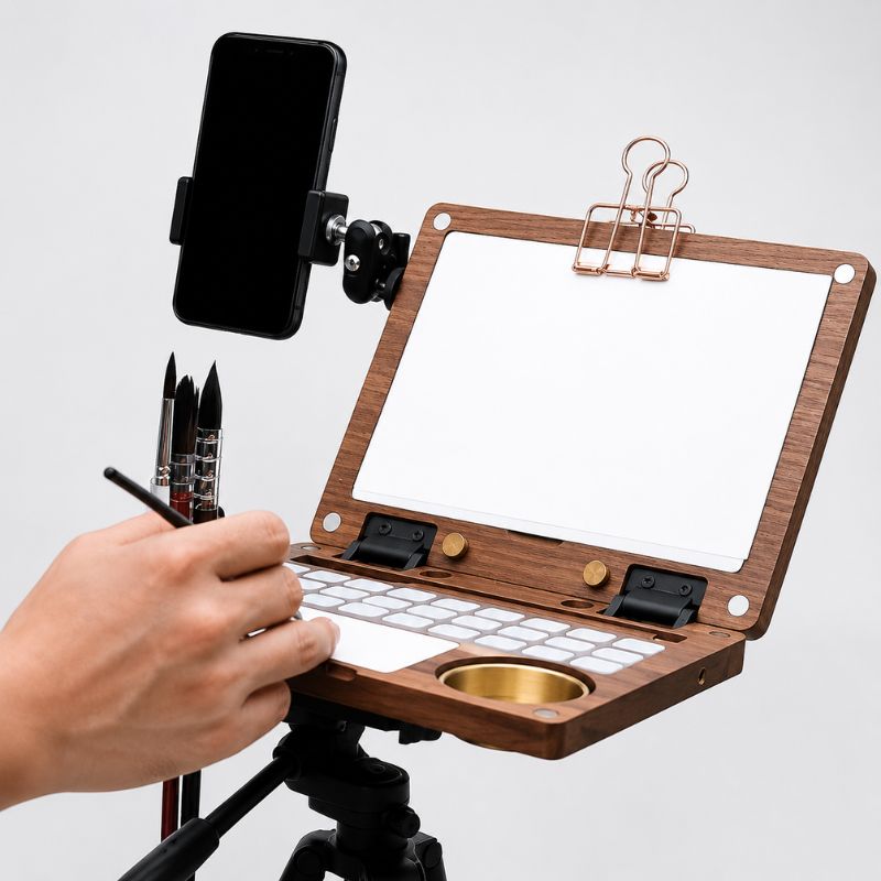 Walnut painting kit on a tripod with a phone holder and brushes during plein-air painting